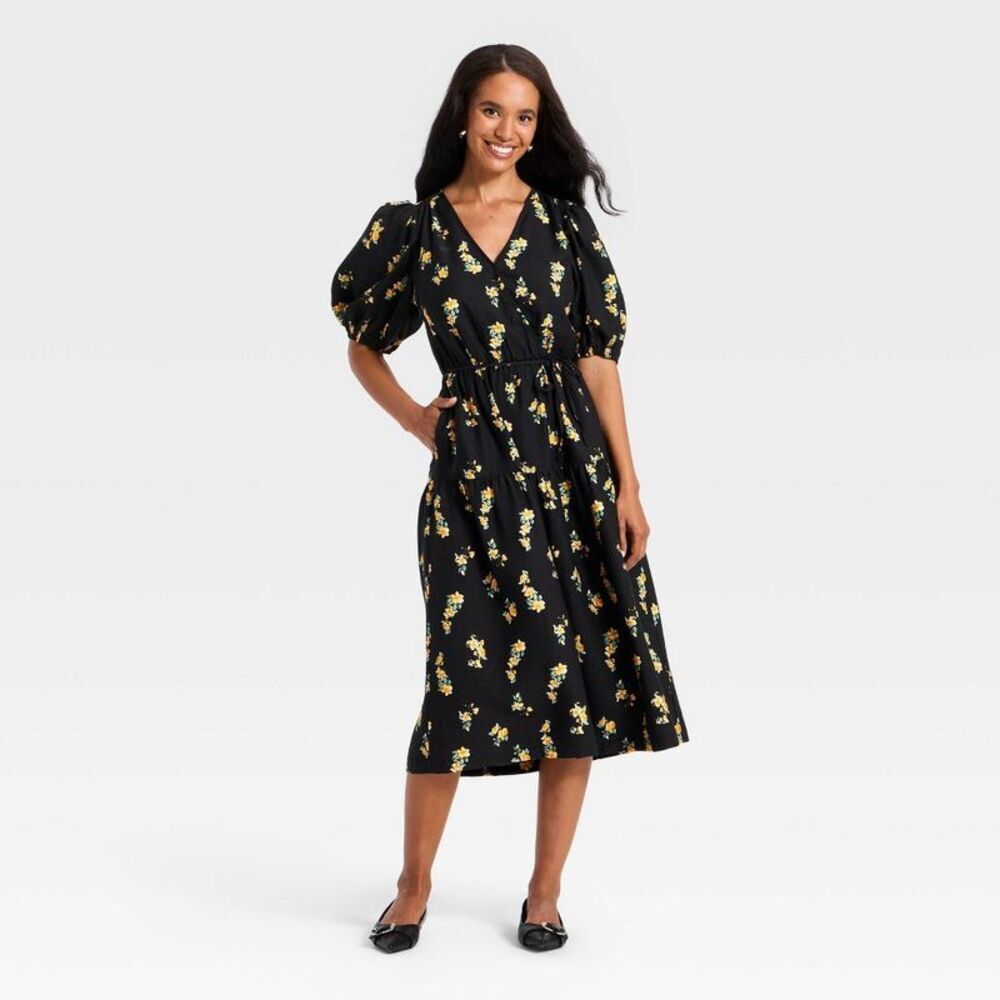 Women's Short Sleeve Wrap Tie Tier Midi Empire Waist Dress - Black Floral XL